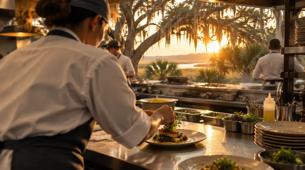 A chef plating a dish in a busy kitchen in Summerville, SC