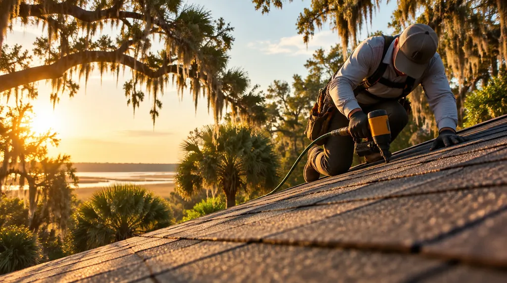 A roofer nailing architectural shingles on a sunny roof in Summerville, SC