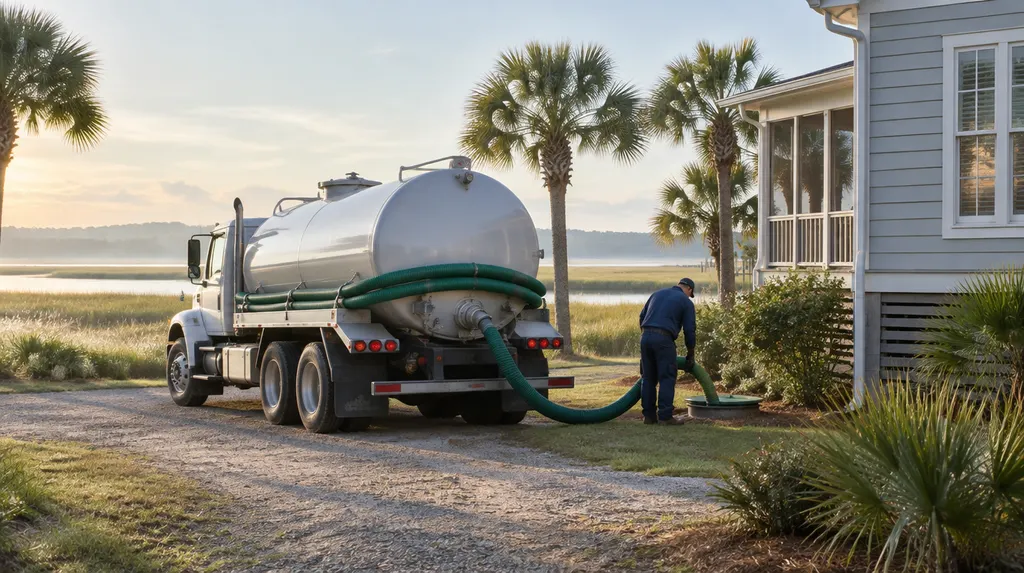A septic pump truck parked beside a rural house in Summerville, SC