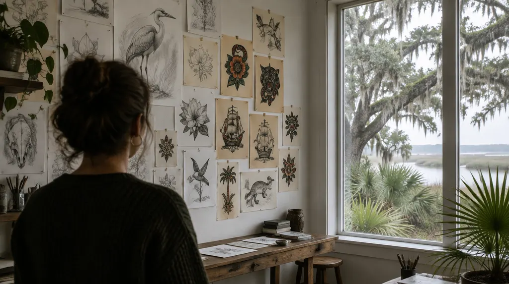 Sketches and flash art on a studio wall in Summerville, SC