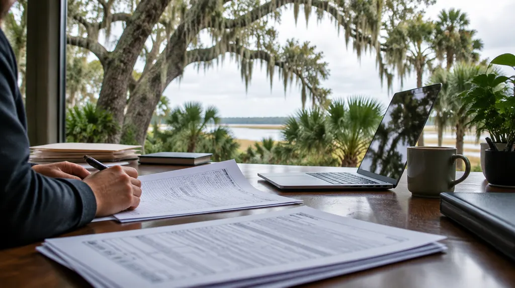 A tax office desk with forms and a laptop in Summerville, SC