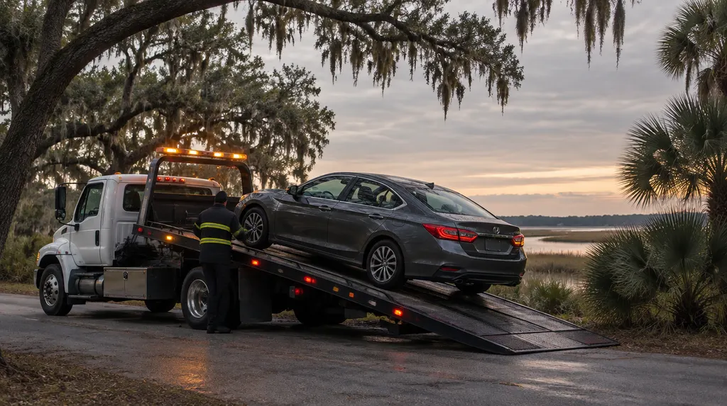 A flatbed tow truck loading a car at dusk in Summerville, SC