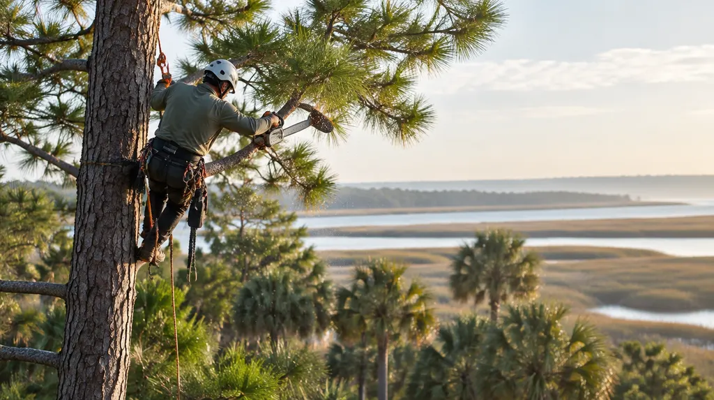 An arborist in a harness trimming a tall pine in Summerville, SC