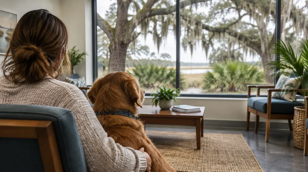 A friendly vet clinic waiting area with a dog in Summerville, SC