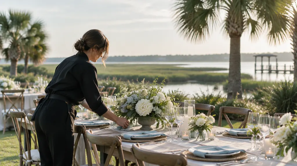 A wedding planner arranging a reception table in Summerville, SC