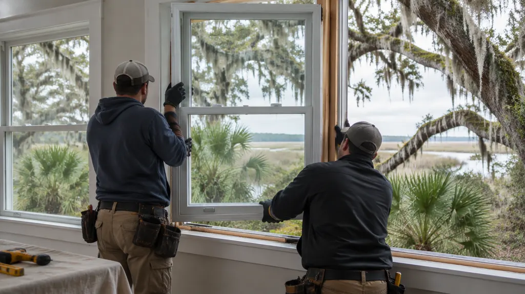Installers fitting a new double-hung window in Summerville, SC