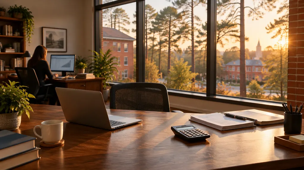 A tidy accounting office with a laptop and calculator in Sumter, SC