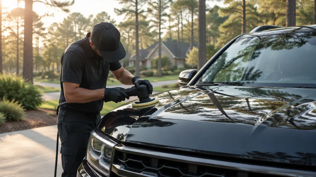 A detailer polishing the glossy hood of a dark SUV in Sumter, SC
