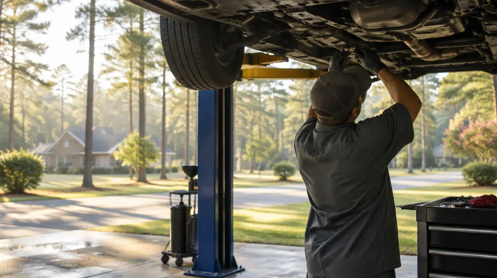 A mechanic working under a car on a lift in Sumter, SC