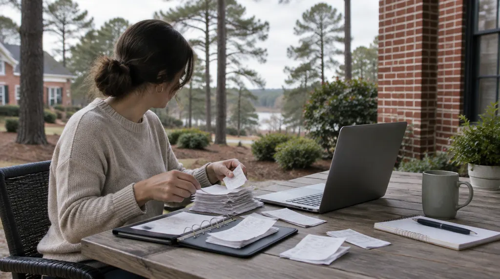 A bookkeeper organizing receipts and a laptop in Sumter, SC