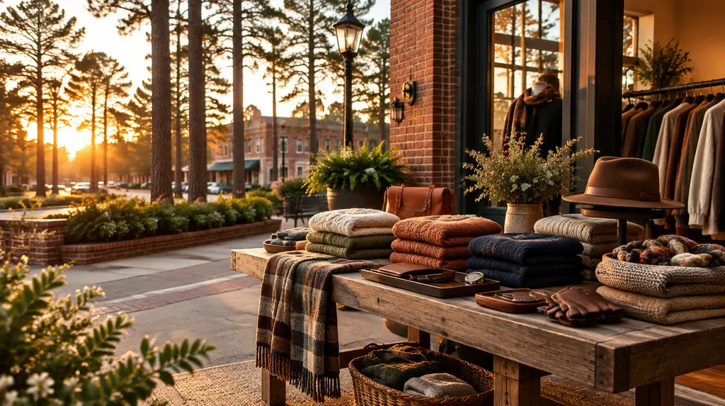 Folded sweaters and accessories on a boutique table in Sumter, SC