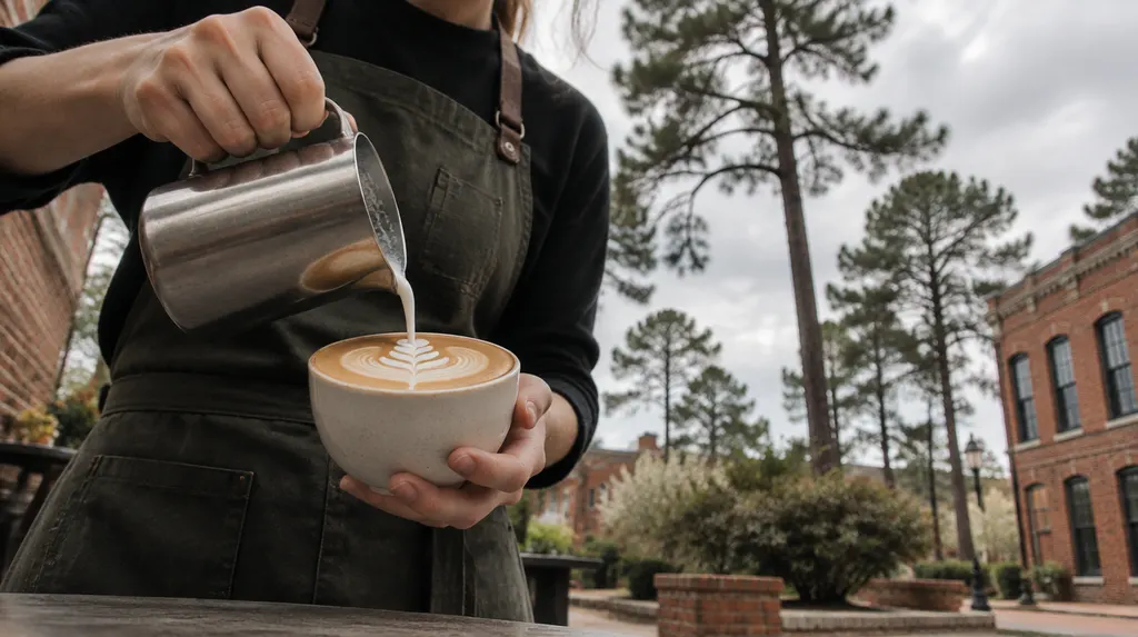A barista pouring latte art in Sumter, SC