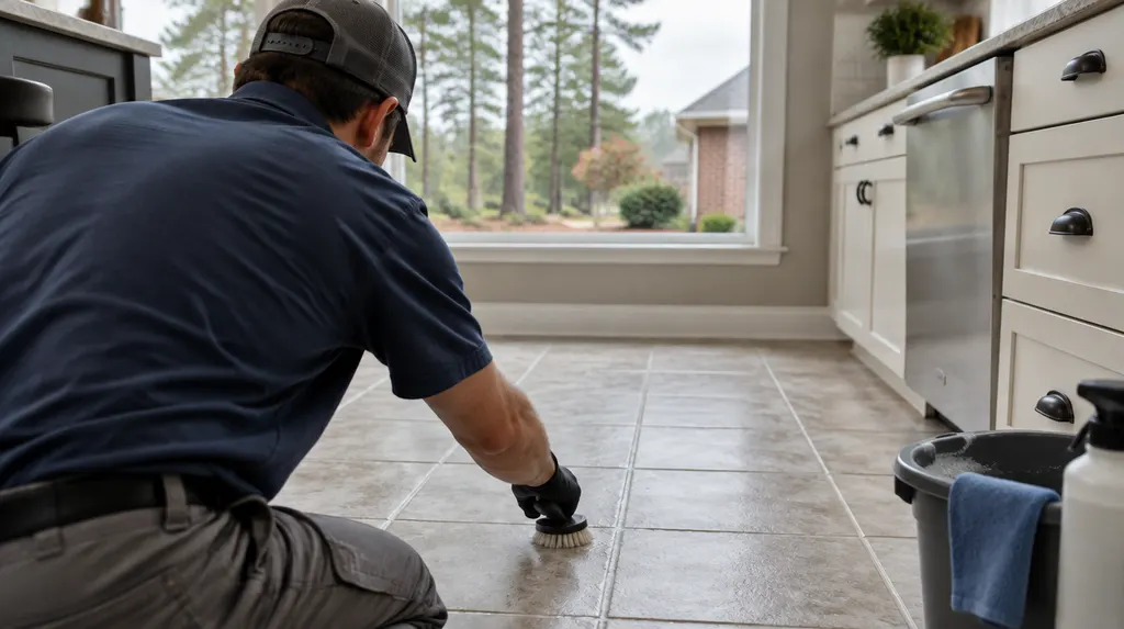 A technician cleaning tile grout on a kitchen floor in Sumter, SC