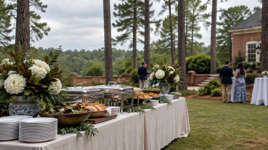 A catering buffet set for an outdoor event in Sumter, SC