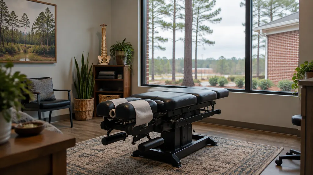 A chiropractic treatment room with an adjusting table in Sumter, SC