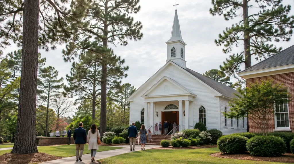 A welcoming white church on a sunny Sunday morning in Sumter, SC