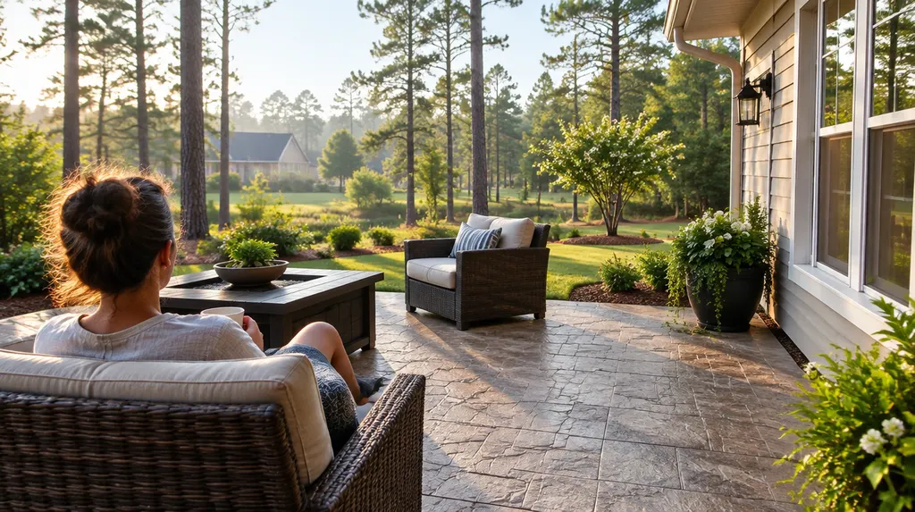 A finished stamped concrete patio beside a house in Sumter, SC