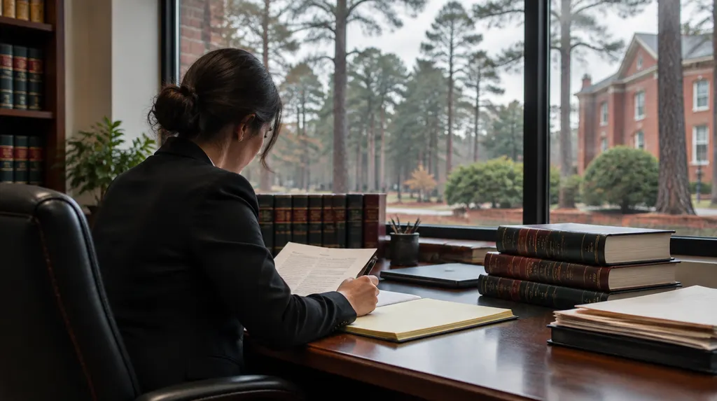 A defense attorney preparing at a desk with law books in Sumter, SC