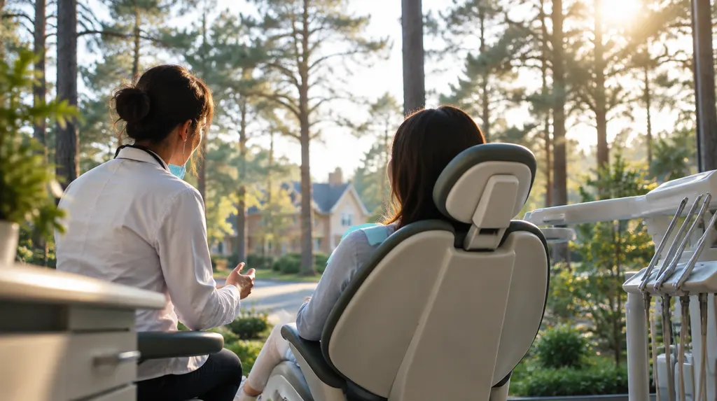 A dentist talking with a patient in a dental chair in Sumter, SC