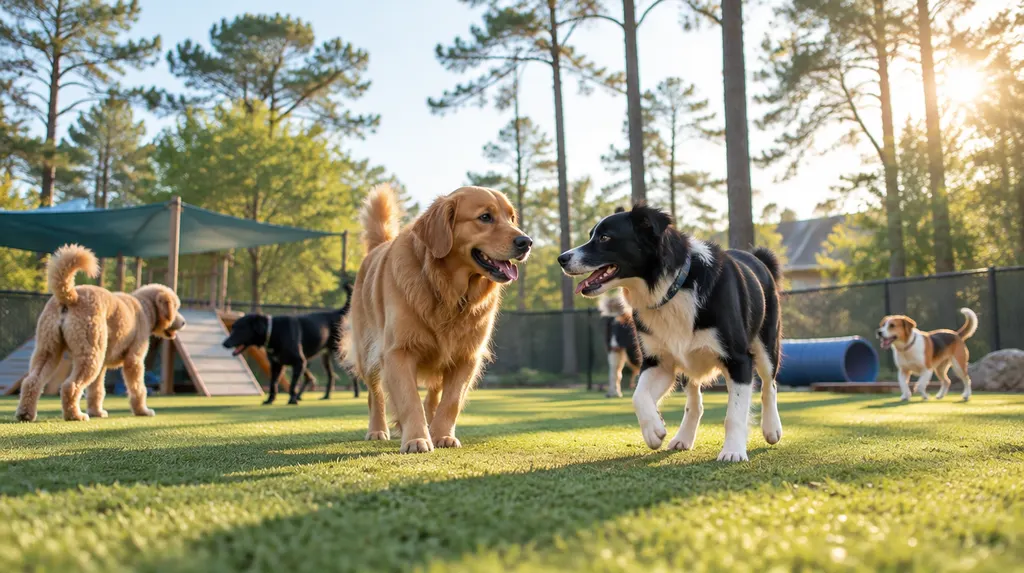 Dogs playing in a doggy daycare play area in Sumter, SC