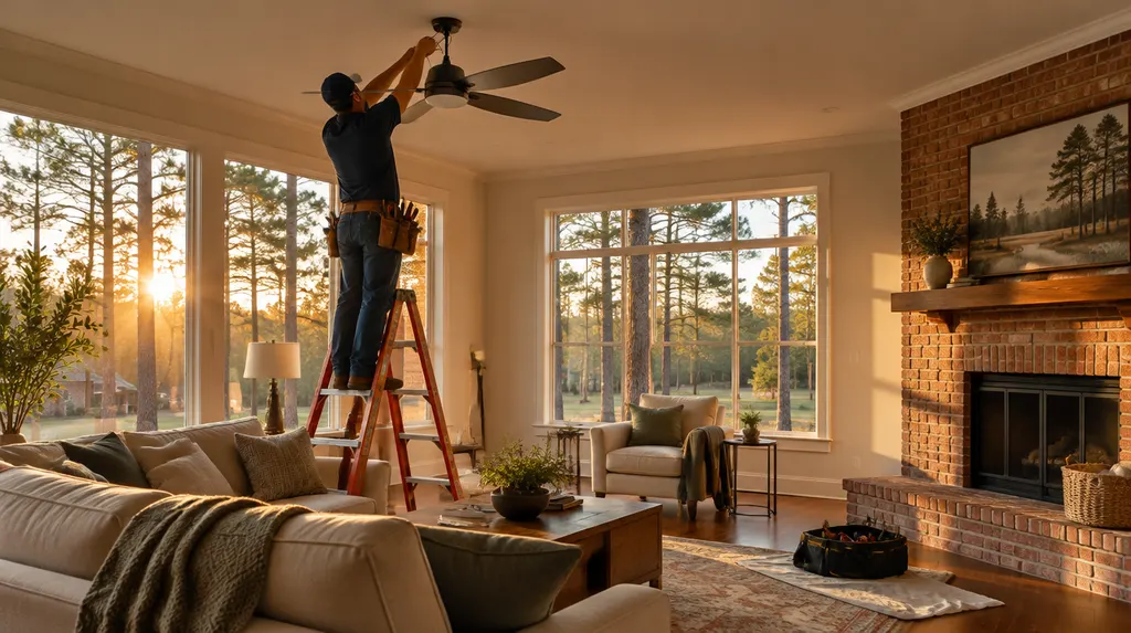 An electrician hanging a modern ceiling fan in a living room in Sumter, SC