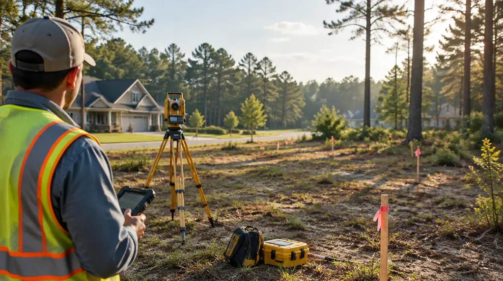 Survey stakes and equipment on a new lot in Sumter, SC