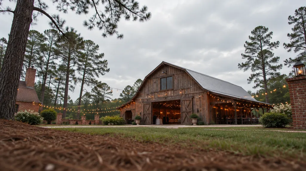 A rustic barn venue with string lights in Sumter, SC