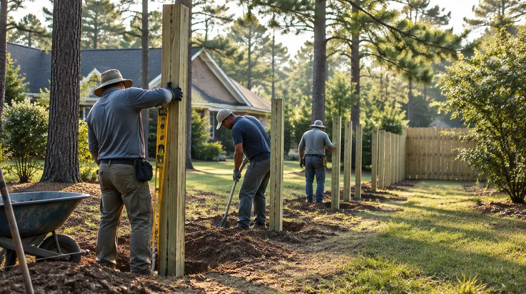 A crew setting posts for a new wood privacy fence in Sumter, SC