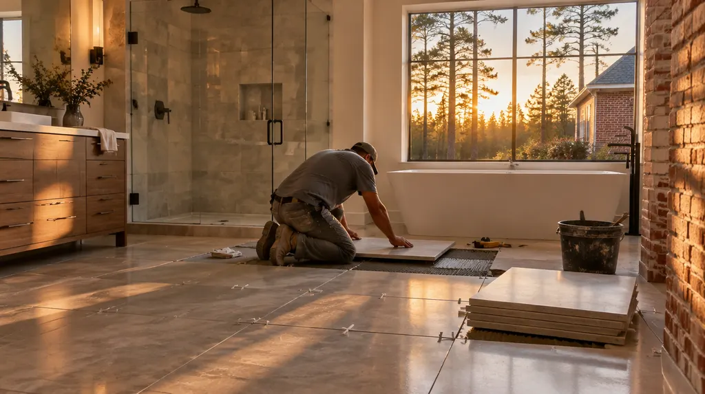 A tile setter placing large tiles in a bathroom in Sumter, SC