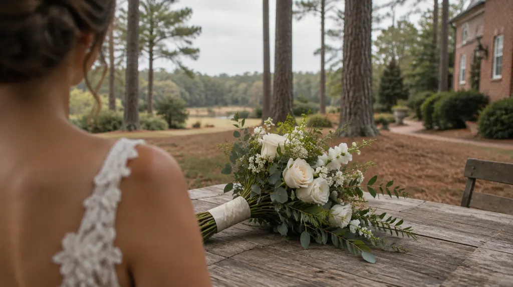 A bridal bouquet on a rustic table in Sumter, SC