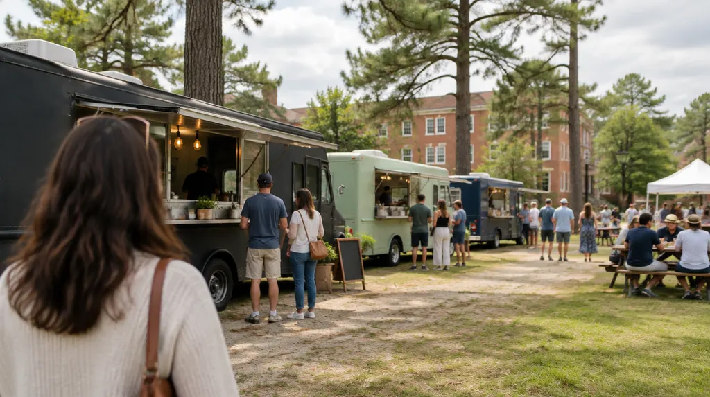Food trucks parked at a sunny outdoor festival in Sumter, SC