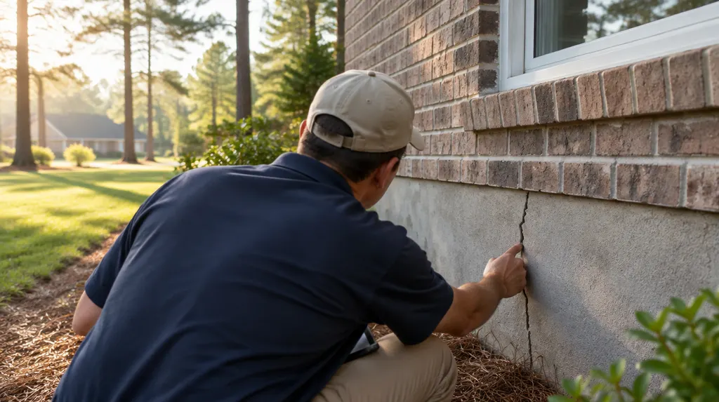 A specialist examining a crack in a foundation wall in Sumter, SC
