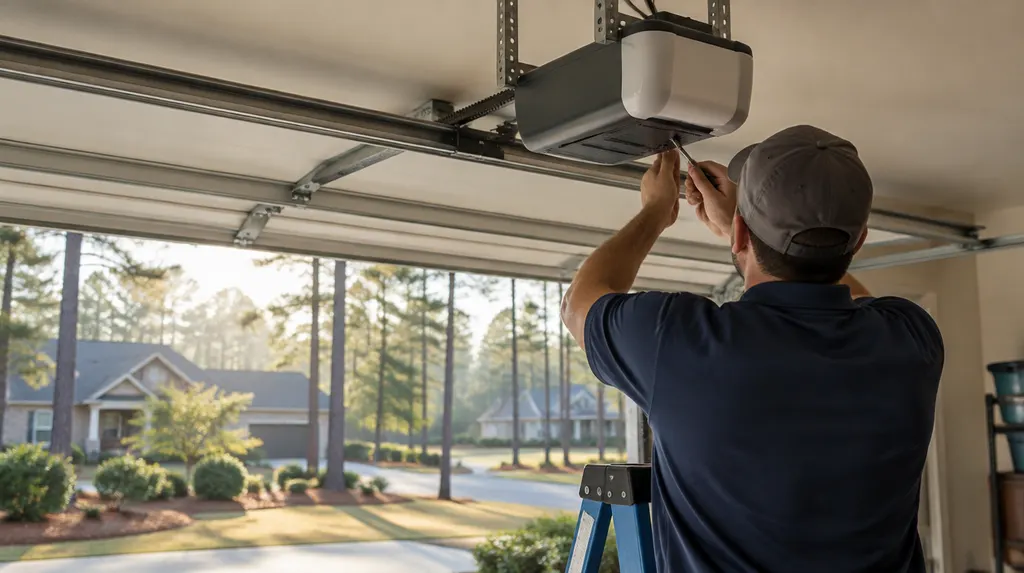 A technician adjusting a garage door opener on the ceiling in Sumter, SC