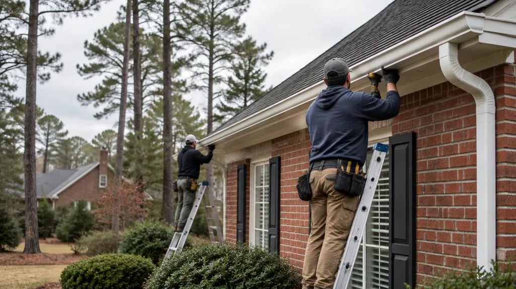 A crew installing seamless gutters on a house in Sumter, SC