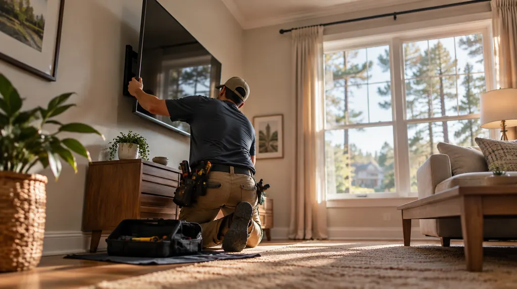 A handyman mounting a TV on a living room wall in Sumter, SC