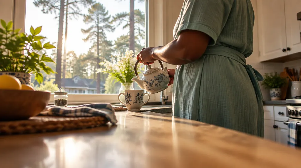 A caregiver preparing tea in a cozy kitchen in Sumter, SC