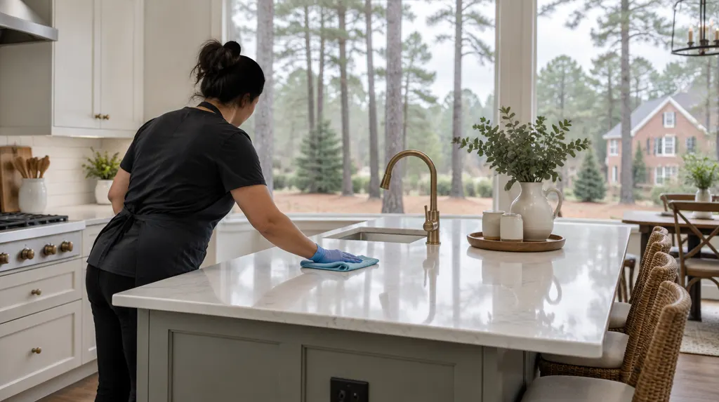 A house cleaner wiping a bright kitchen island in Sumter, SC