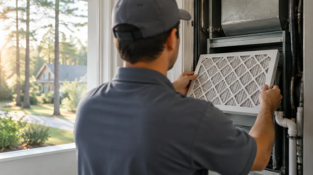 A technician replacing an air filter in an indoor air handler in Sumter, SC