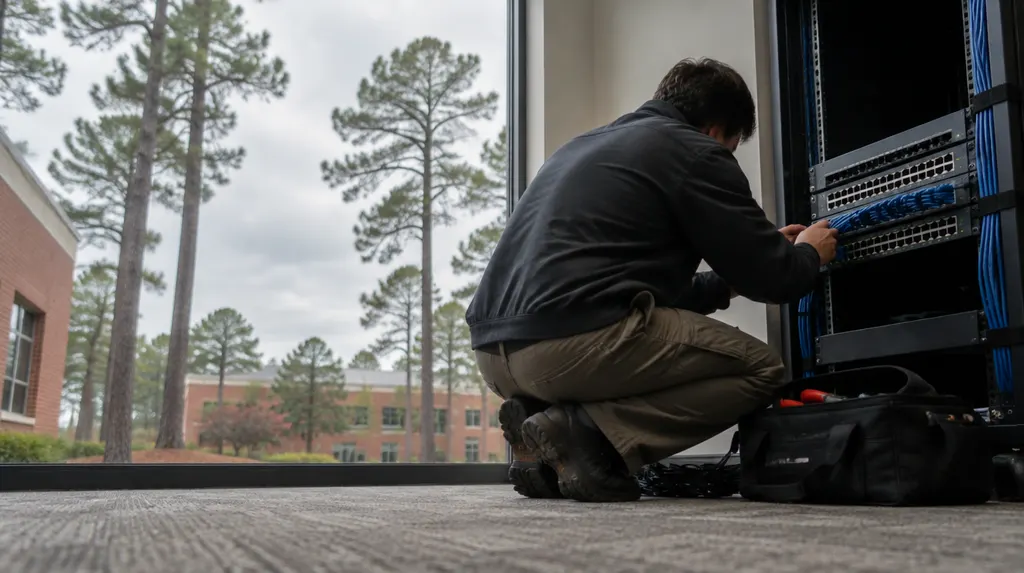 A technician setting up a network switch in an office in Sumter, SC