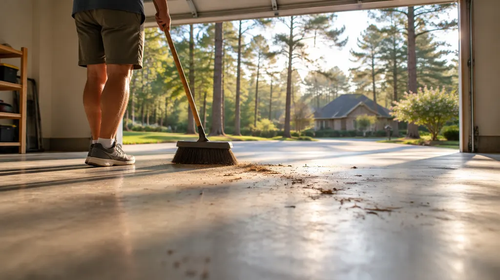 A cleared-out garage being swept in Sumter, SC