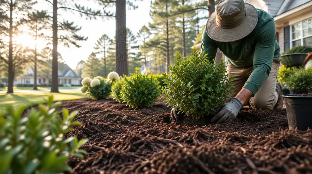 A landscaper planting shrubs in a fresh mulch bed in Sumter, SC