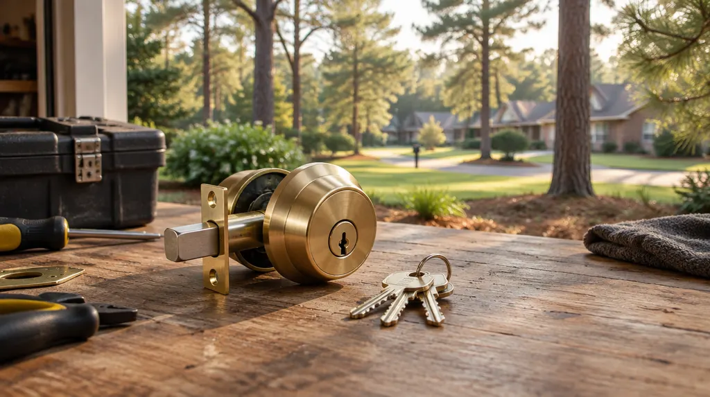 A new brass deadbolt lock and a set of keys on a locksmith’s workbench in Sumter, SC