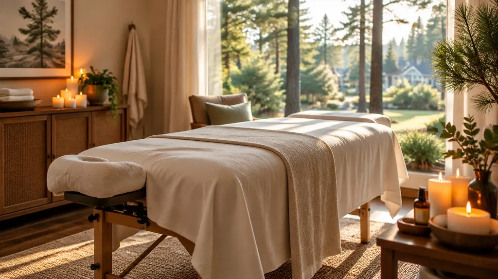 A calm massage room with a draped table and candles in Sumter, SC