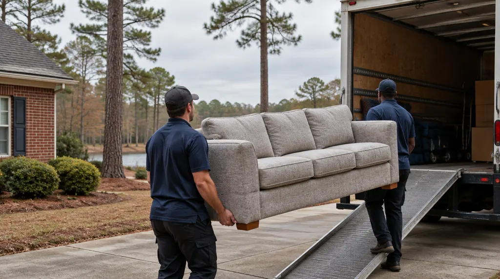 Movers carrying a sofa into a moving truck in Sumter, SC