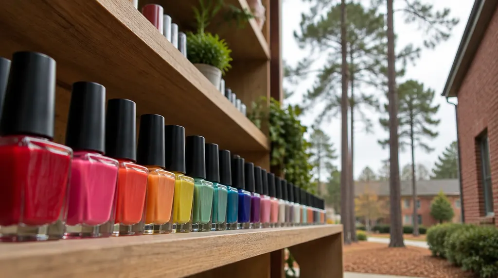 Colorful nail polish bottles on a shelf in Sumter, SC