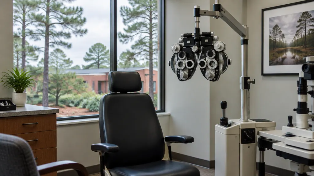An optometry exam room with a phoropter in Sumter, SC