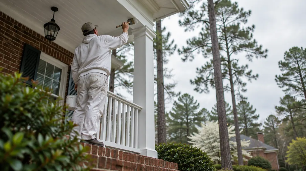 A painter brushing white trim on a porch in Sumter, SC