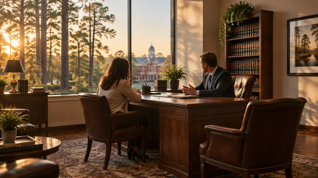 An attorney meeting a client across a desk in Sumter, SC