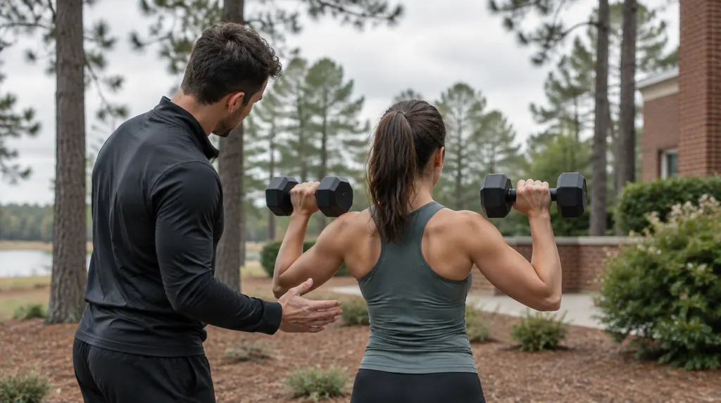 A personal trainer coaching a client with dumbbells in Sumter, SC