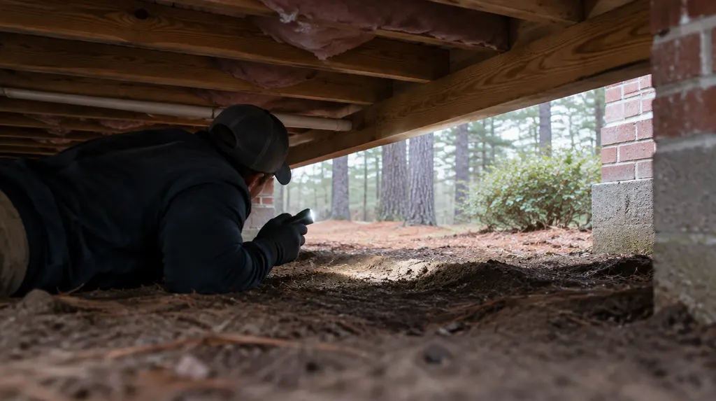 A technician inspecting a crawl space with a flashlight in Sumter, SC